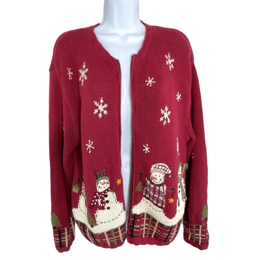 Croft & Barrow Red Snowman Winter Cardigan Zip Up Sweater Size M - Picture 3 of 9